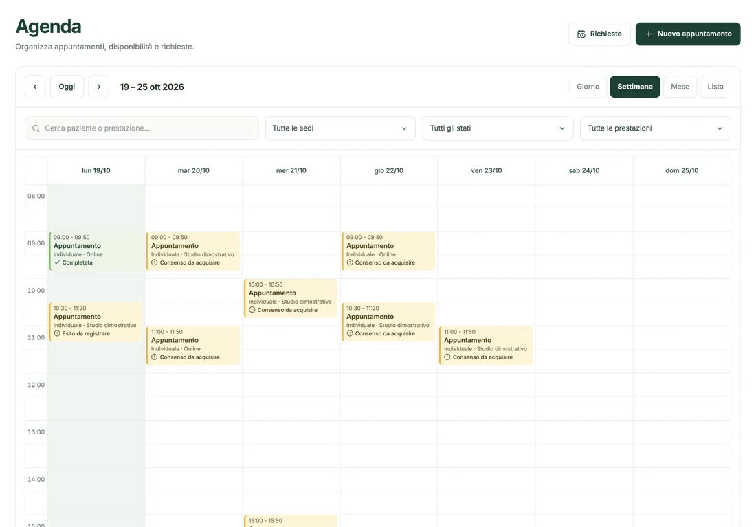 Agenda: Calendario degli appuntamenti in studio e online.