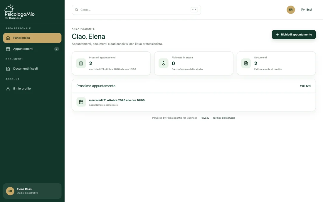 Area pazienti: Area riservata con appuntamenti e documenti.