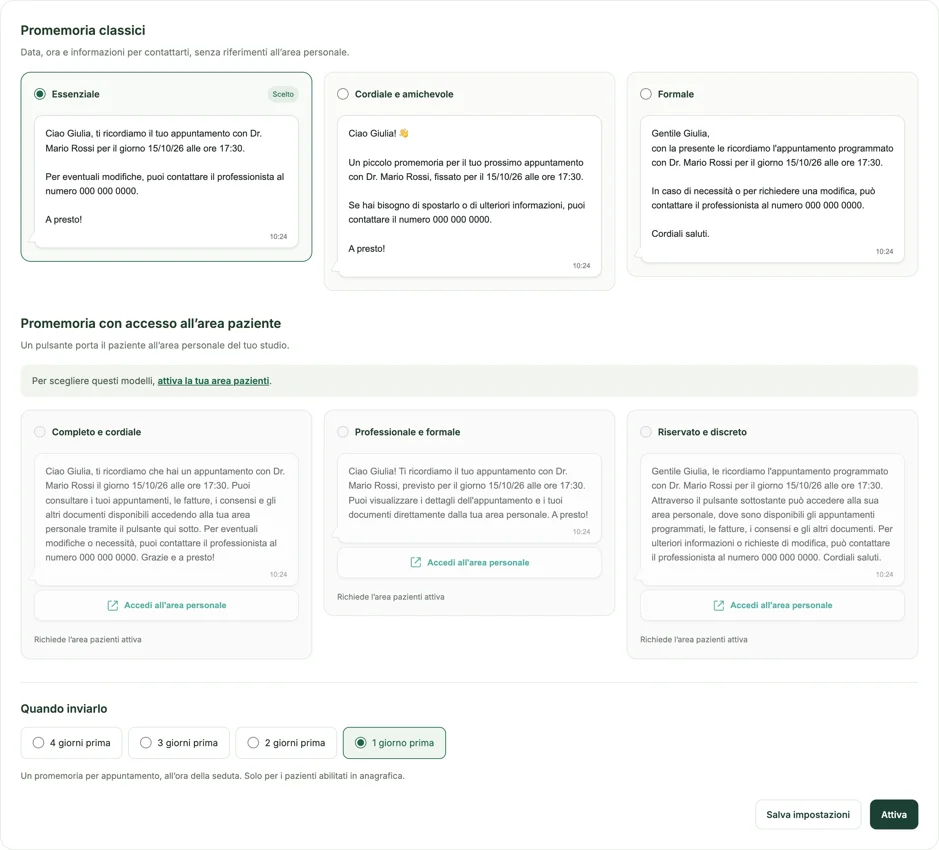 Promemoria WhatsApp: Scelta del modello e dell’anticipo di invio.