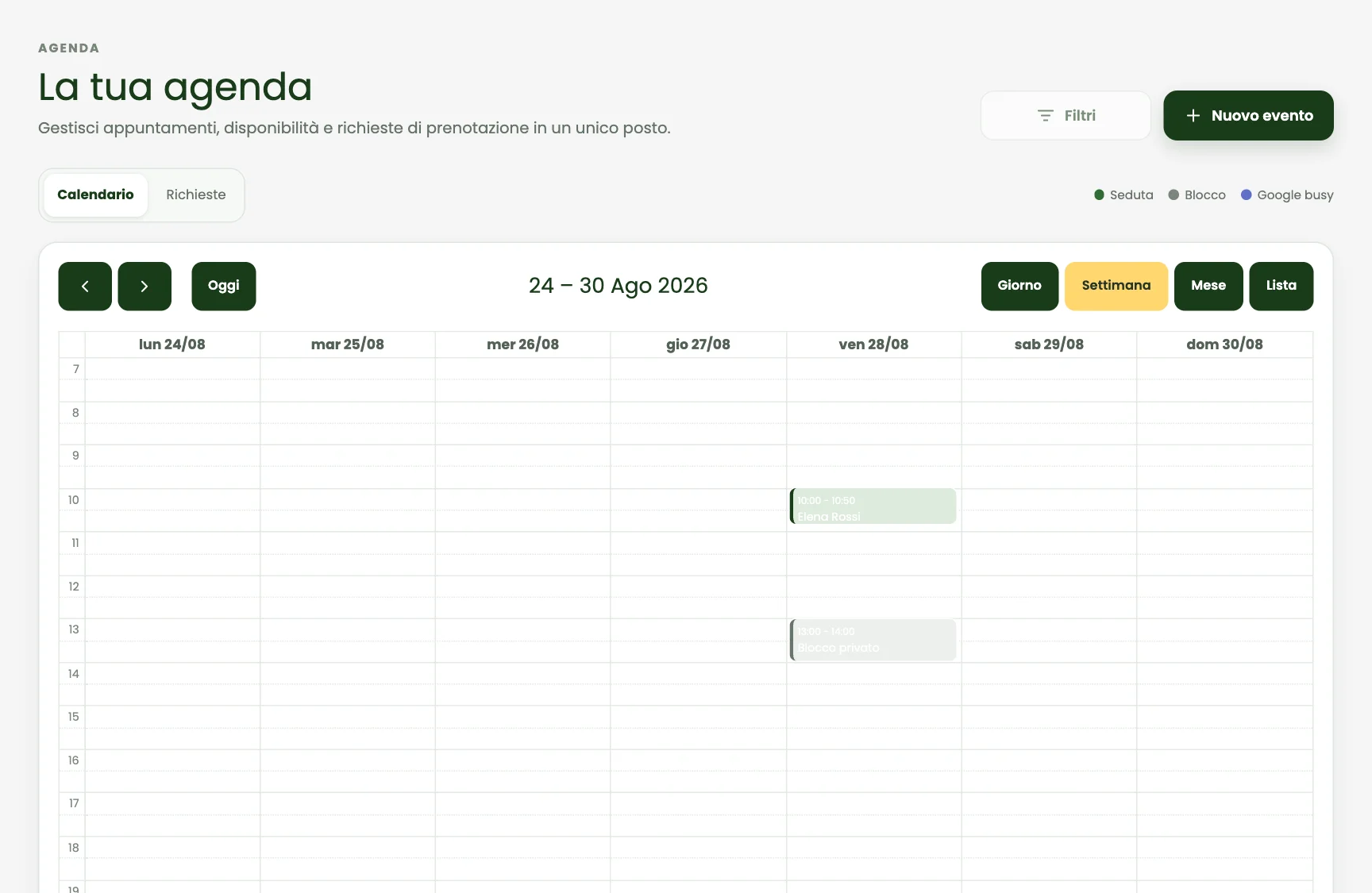Agenda e appuntamenti: schermata del gestionale con dati dimostrativi