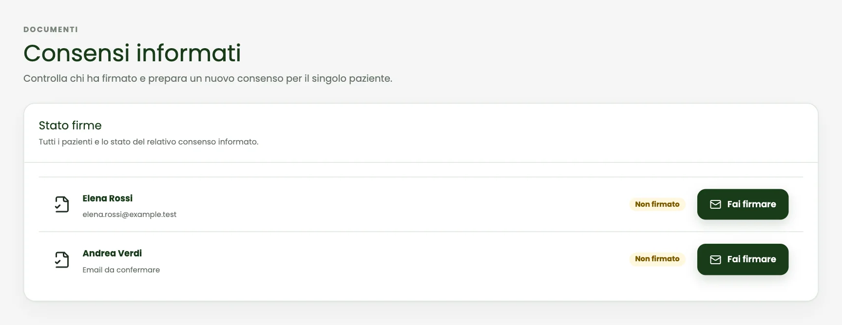 Consensi informati: schermata del gestionale con dati dimostrativi