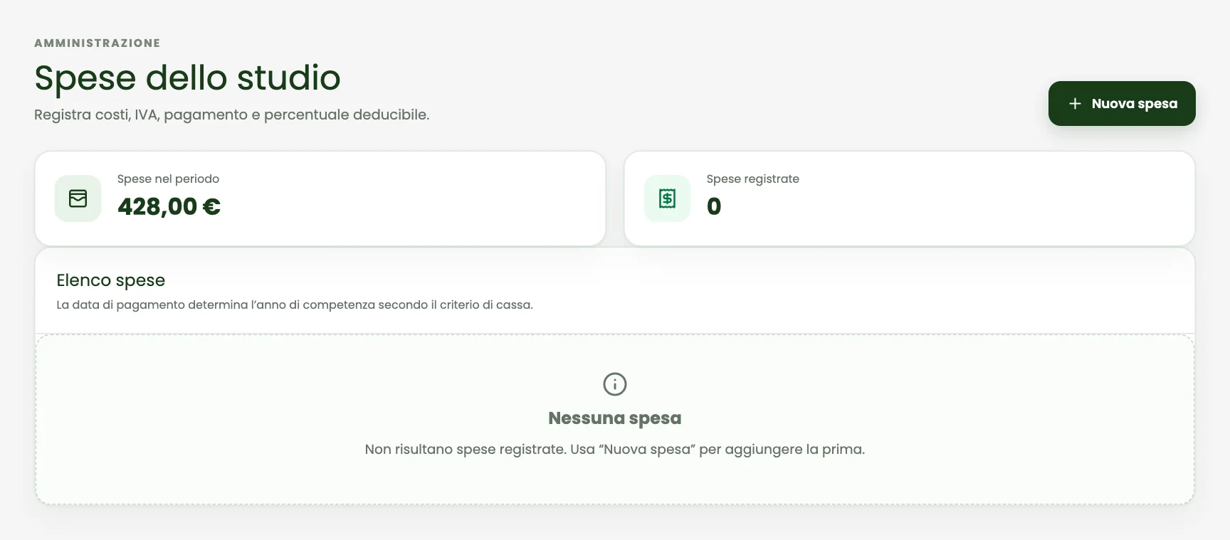 Spese e quadro fiscale: schermata del gestionale con dati dimostrativi